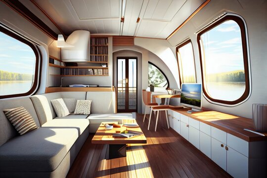 modern luxury houseboat yacht interior view - generative ai