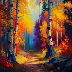 Obraz na płótnie Canvas Oil painting landscape - colorful autumn forest