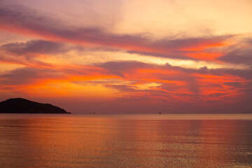 Orange Sea and sky at sunset. Evening sea landscape.
