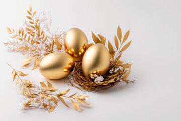 Stylish golden eggs easter concept. Easter gold_eggs background - generative ai