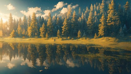 Fototapeta premium The vast and quiet taiga stretches to the horizon, with dense green trees grouped in deep harmony, as the fresh breeze whispers through their leaves and crystal snow lies on the frozen ground, creatin