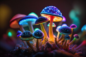 Psychedelic Magic Mushrooms. Glowing Colorful Neon Lights at the Forest. Surreal Fantasy image.
