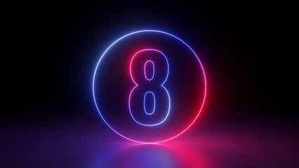 3d render, red blue neon number eight inside the linear round frame glowing in the dark, isolated on black background