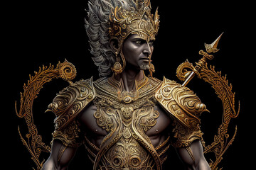 Illustration of Hindu warrior god Karna with golden armor and crown on black background. AI-Generated image.