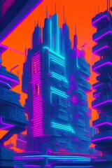 Neon 3d image of beautiful city, painting, fine art, ega, happy, excited, creative, drawn on canvas - generative ai