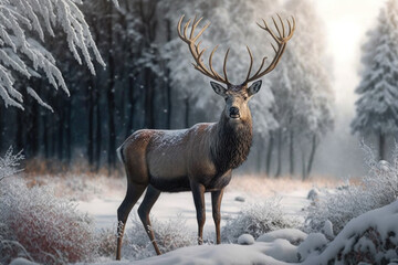 Deer in winter forest. Illustration AI Generative