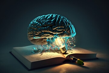 Bildung: Wie unser Gehirn Wissen aus Büchern zieht - Illustration Generative AI - obrazy, fototapety, plakaty