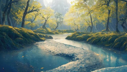 Naklejka premium The vast and quiet taiga stretches to the horizon, with dense green trees grouped in deep harmony, as the fresh breeze whispers through their leaves and crystal snow lies on the frozen ground, creatin