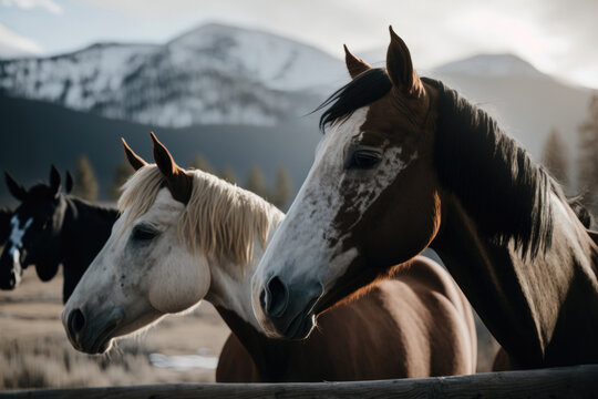 Horses on natural background. Illustration AI Generative