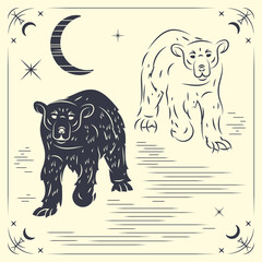 Abstract bear illustration. Decorative poster with the image of wild animals in a frame with an ornament and a mystical background