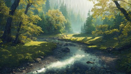 The vast and quiet taiga stretches to the horizon, with dense green trees grouped in deep harmony, as the fresh breeze whispers through their leaves and crystal snow lies on the frozen ground, creatin