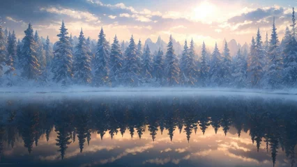 Abwaschbare Fototapete Wald im Nebel The vast and quiet taiga stretches to the horizon, with dense green trees grouped in deep harmony, as the fresh breeze whispers through their leaves and crystal snow lies on the frozen ground, creatin