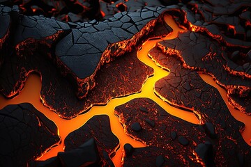 Hot liquid lava eruption closeup background illustration. Volcano lava flow with earth fissure, macro burning flow surface.
