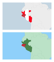 Peru map with pin of country capital. Two types of Peru map with neighboring countries.