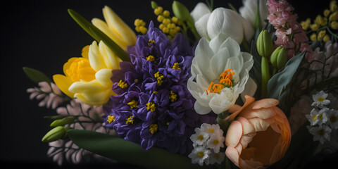 Spring bouquet. Bouquet made of tulips daffodils and hyacinths. A simple bouquet of flowers and greens. Beautiful bouquet of flowers isolated on  background