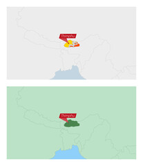 Bhutan map with pin of country capital. Two types of Bhutan map with neighboring countries.