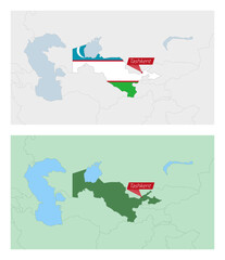 Uzbekistan map with pin of country capital. Two types of Uzbekistan map with neighboring countries.