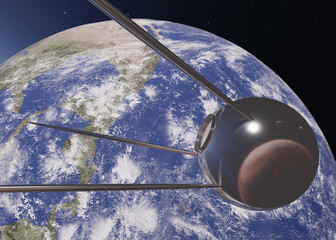Satellite 1 orbiting the earth planet of solar system in outer space. 3D rendered illustration. Elements of this image where furnished by NASA.
