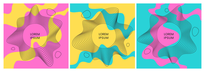 Three abstract colorful groovy style banners with wavy linear frames.