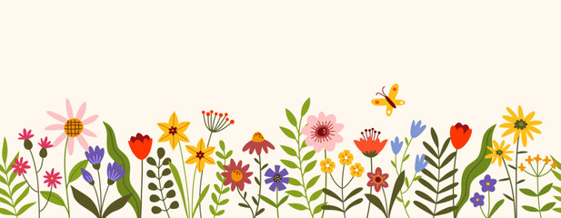 Wide horizontal banner with colorful flowers. Floral seamless pattern. Summer or spring background. - 573347763