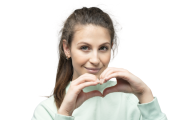 portrait of a woman showing a heart gesture isolated transparent background, png.