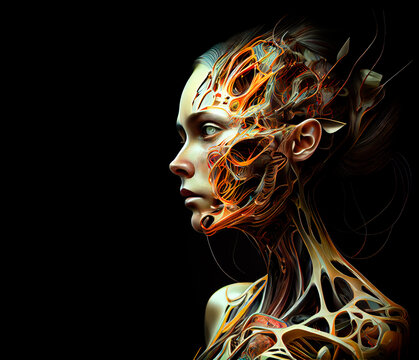 Abstract art organic cyborg cybernetic and organism. A female woman with both organic and biomechatronic body parts. Have man half robot. Not real, Fantasy image created with generative ai	