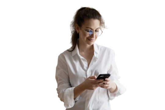 A young woman using a phone writing a message in a white shirt isolated transparent background, png.