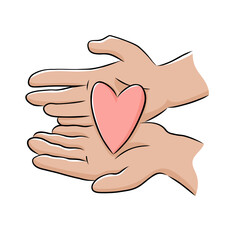 Hands hold pink heart. Diversity and ethnicity. International Mother’s Day, Valentine’s Day. Cute vector hand drawn illustration in cartoon style.
