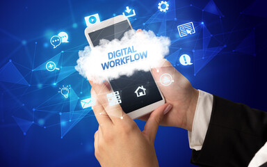 Hand using smartphone with cloud technology concept