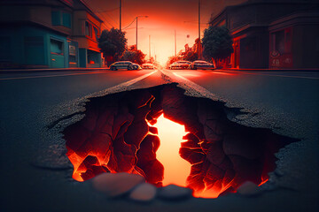 Earthquake in city. Quakes damage road. Buildings Destruction during earthquake. Magma with lava in crack asphalt road. Earth cracked open. Walls of lava encroached from volcano. AI Generative