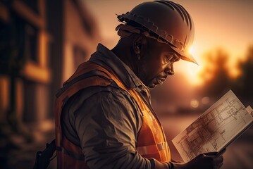 Close up portrait of senior construction engineer wearing safety helmet and uniform, working on new project in sunset golden hour.