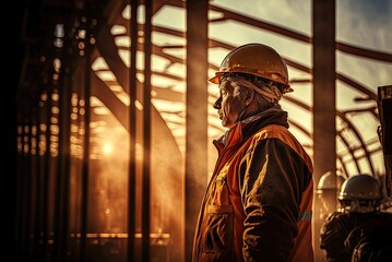 Fototapeta na wymiar Close up portrait of senior construction engineer wearing safety helmet and uniform, working on new project in sunset golden hour.
