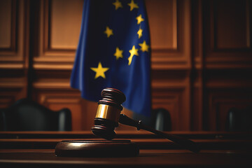 Court of Justice of European Union, EU. European flag in courtroom. Judicial Authority of European Union. Mallet of judge in courthouse. European Court of Human Rights. Justice, Judiciary, Judge.