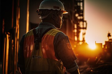 Obraz premium Close up portrait of senior construction engineer wearing safety helmet and uniform, working on new project in sunset golden hour.