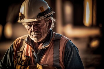 Close up portrait of senior construction engineer wearing safety helmet and uniform, working on new project in sunset golden hour.