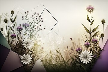 Digital art meadow wildflowers and leaves creative background with geometric shapes on colorful summer sky background with empty space