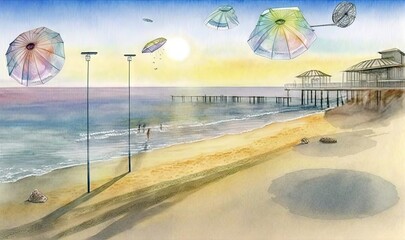  a painting of a beach with umbrellas and a pier.  generative ai