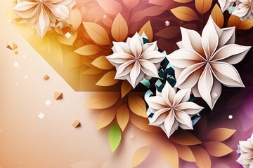 Digital art flowers and leaves creative pattern background with geometric shapes on colorful background with empty space