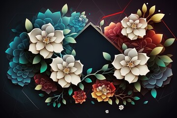 Digital art flowers and leaves creative pattern background with geometric shapes on colorful background.