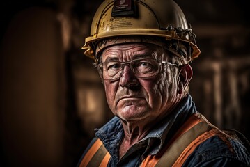 Obraz premium Close up portrait of senior construction engineer wearing safety helmet and uniform, working on new project in sunset golden hour.