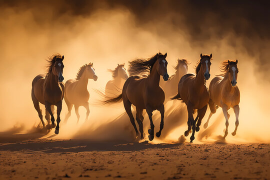Wild Horses Stampeding in a Desert Dust Storm (Generative AI)