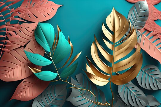 Silver and golden tropical leaves background. Vivid bright color shaded palm leaves in green and red colors. Modern style trendy jungle florals for summer party