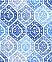 Seamless blue and white pattern. Floral ornament tile. Vector illustration.
