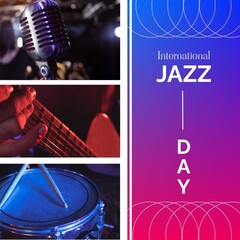 Collage of microphone, drum with sticks, hand playing guitar and international jazz day text