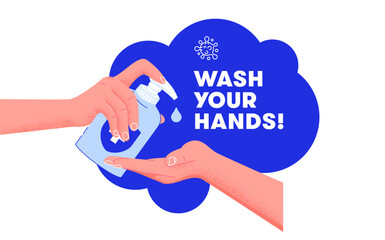 WASH HANDS in restroom vector illustration sticker! Washing hands rubbing with soap for coronavirus prevention to stop spreading diseases. Hygiene is important.