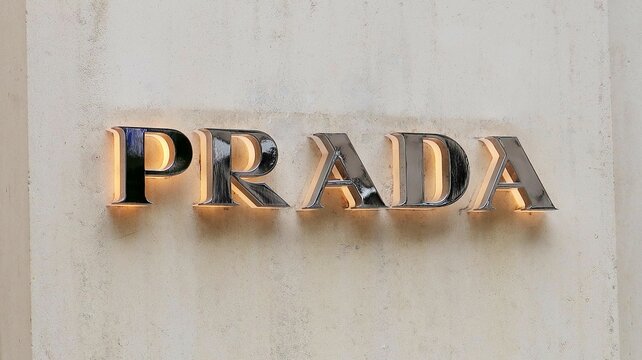 Enseigne / logo de l'entreprise de luxe Prada, c&eacute;l&egrave;bre marque de mode italienne, sur la fa&ccedil;ade de sa boutique de l&rsquo;avenue Montaigne &agrave; Paris &ndash; mai 2021 (France)