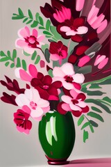 oil painting brush stroke, smooth paint, grey vase, cream background, closeup pink and burgundy flowers with green leafy vines - generative ai