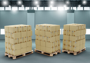 Cardboard boxes on pallets. Parcels ready be sent to recipient. Box is stored in hangar building. Boxes with courier stickers. Cardboard packaging. Parcels in distribution center building. 3d image