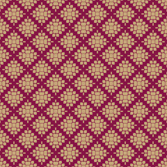 Vector geometric floral pattern. Elegant gold and maroon abstract ornament texture with flower silhouettes, petals, leaves, grid. Luxury golden background. Repeat design for decor, wallpapers, carpet