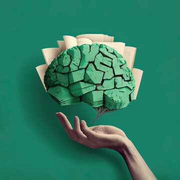 conceptual art collage of hands holding a book showing a brain full of ideas and knowledge with a green background. Generative AI